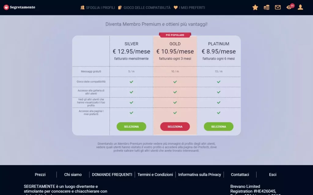 Segretamente.com - costs