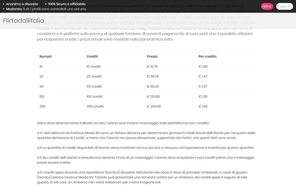 FlirtaDallItalia.com - costs from T&C
